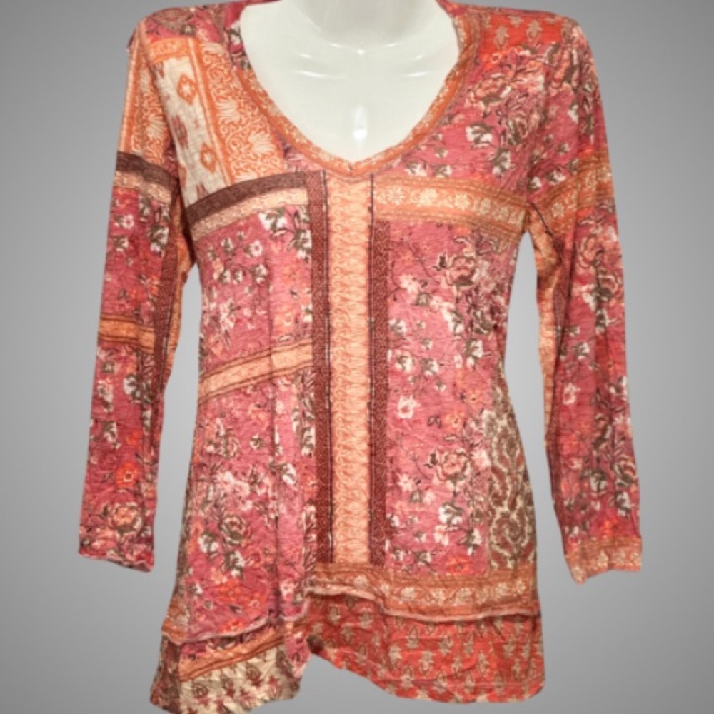 David Cline Crushed V-Neck 3/4 Sleeve Mix Print Top